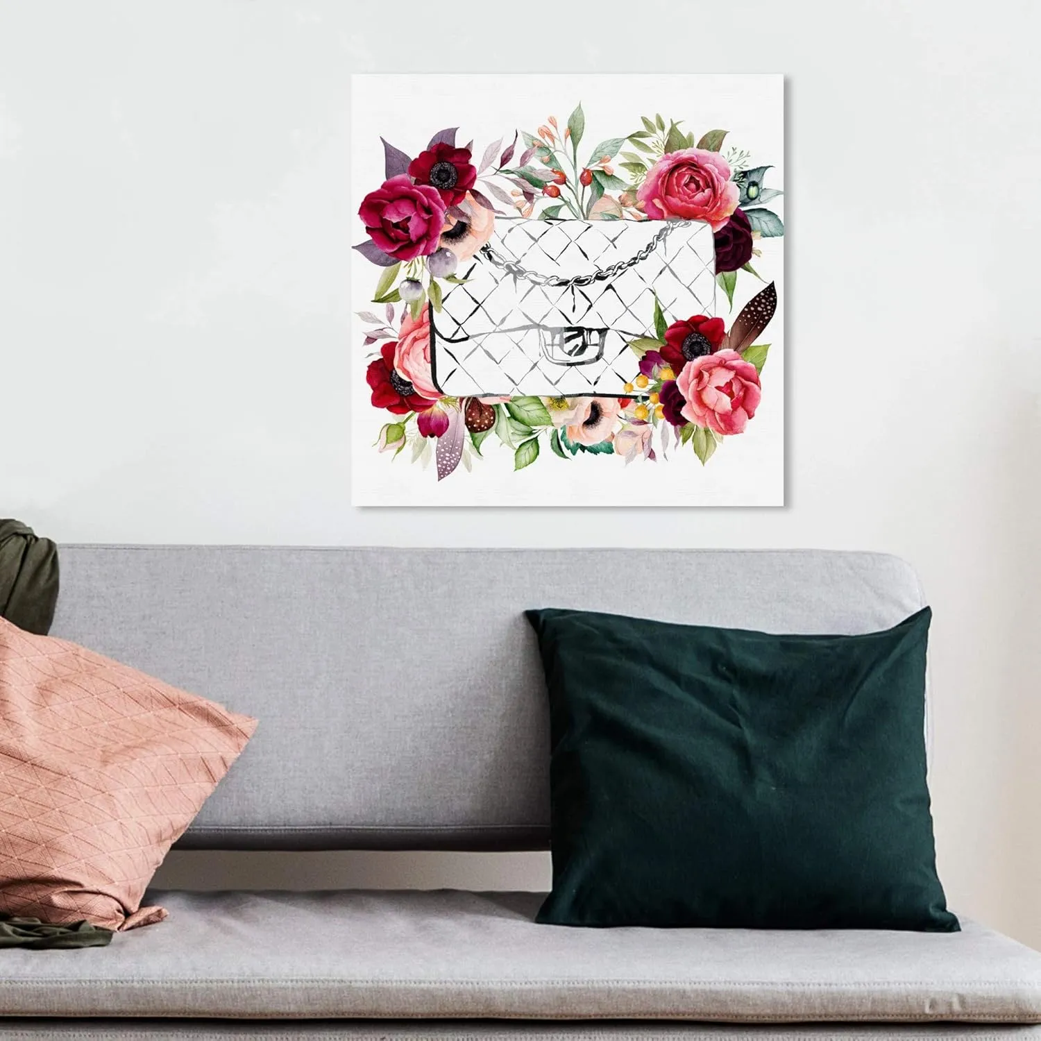 Wynwood Studio Fashion and Glam Wall Art Canvas Prints 'Purse in Bloom' Home Décor, 12" x 12", White, Black