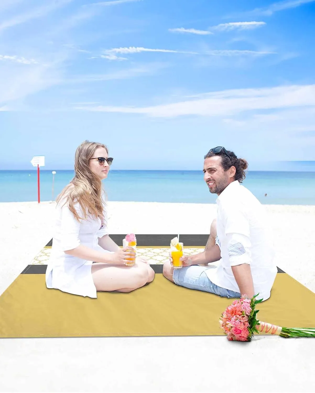 Yellow Morocco Beach Blanket Large with Stakes Waterproof Sandproof, Geometric Grey Stripes Modern Foldable Beach Mat with Corner Pockets for Outdoor Travel Camping Hiking Picnic Essentials 83"x79"