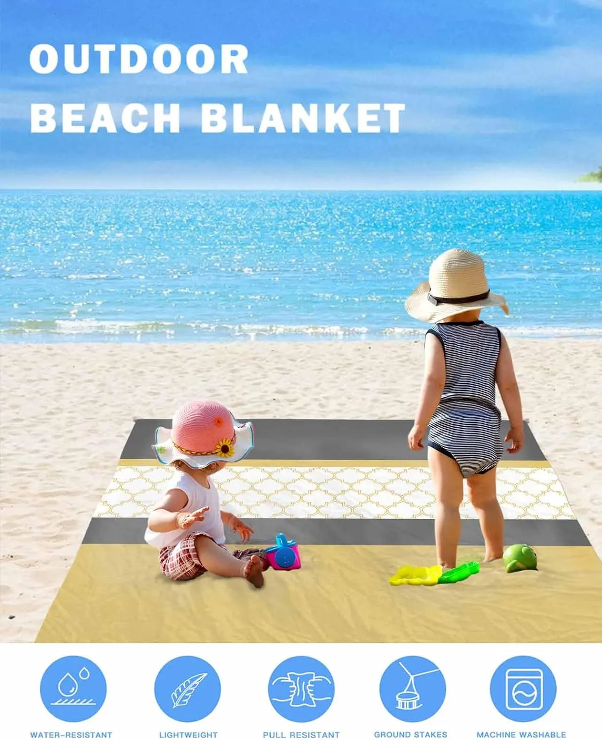 Yellow Morocco Beach Blanket Large with Stakes Waterproof Sandproof, Geometric Grey Stripes Modern Foldable Beach Mat with Corner Pockets for Outdoor Travel Camping Hiking Picnic Essentials 83"x79"