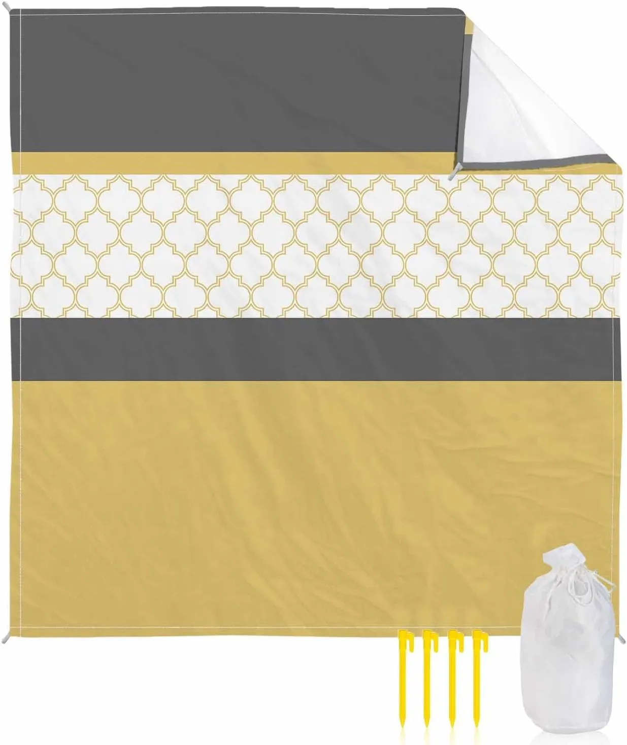 Yellow Morocco Beach Blanket Large with Stakes Waterproof Sandproof, Geometric Grey Stripes Modern Foldable Beach Mat with Corner Pockets for Outdoor Travel Camping Hiking Picnic Essentials 83"x79"