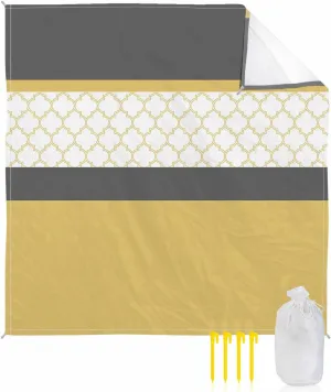 Yellow Morocco Beach Blanket Large with Stakes Waterproof Sandproof, Geometric Grey Stripes Modern Foldable Beach Mat with Corner Pockets for Outdoor Travel Camping Hiking Picnic Essentials 83"x79"