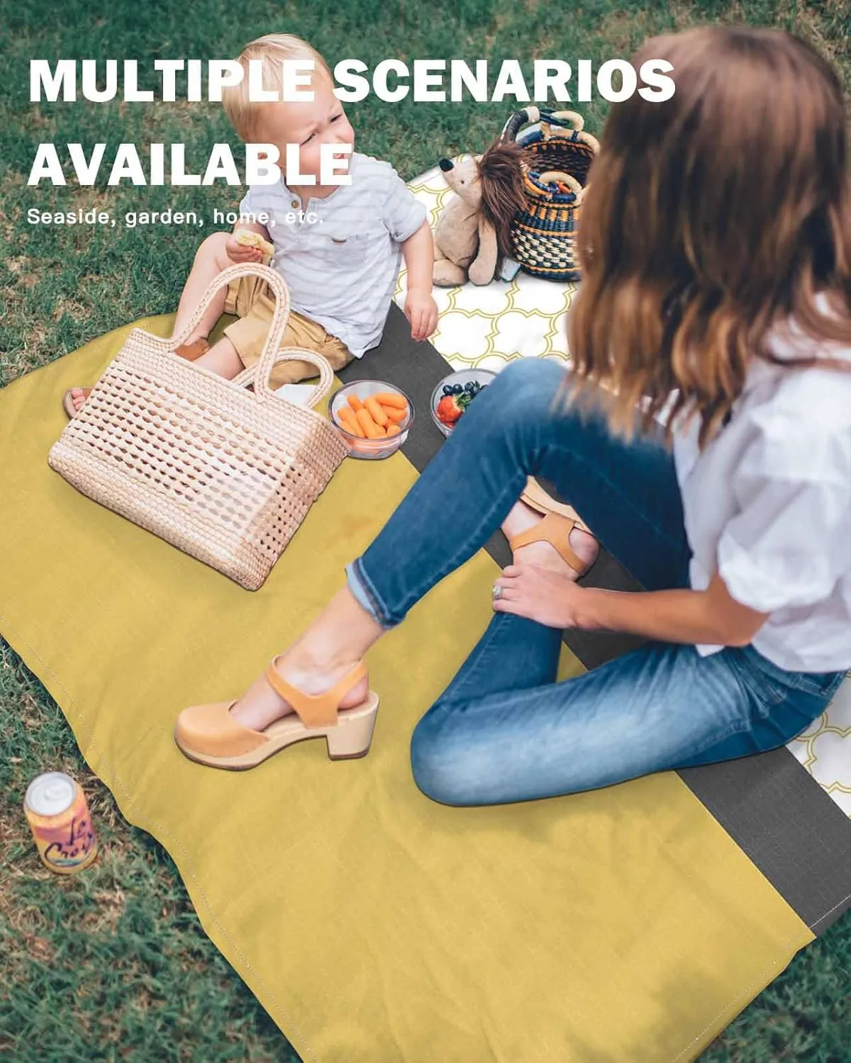 Yellow Morocco Beach Blanket Large with Stakes Waterproof Sandproof, Geometric Grey Stripes Modern Foldable Beach Mat with Corner Pockets for Outdoor Travel Camping Hiking Picnic Essentials 83"x79"