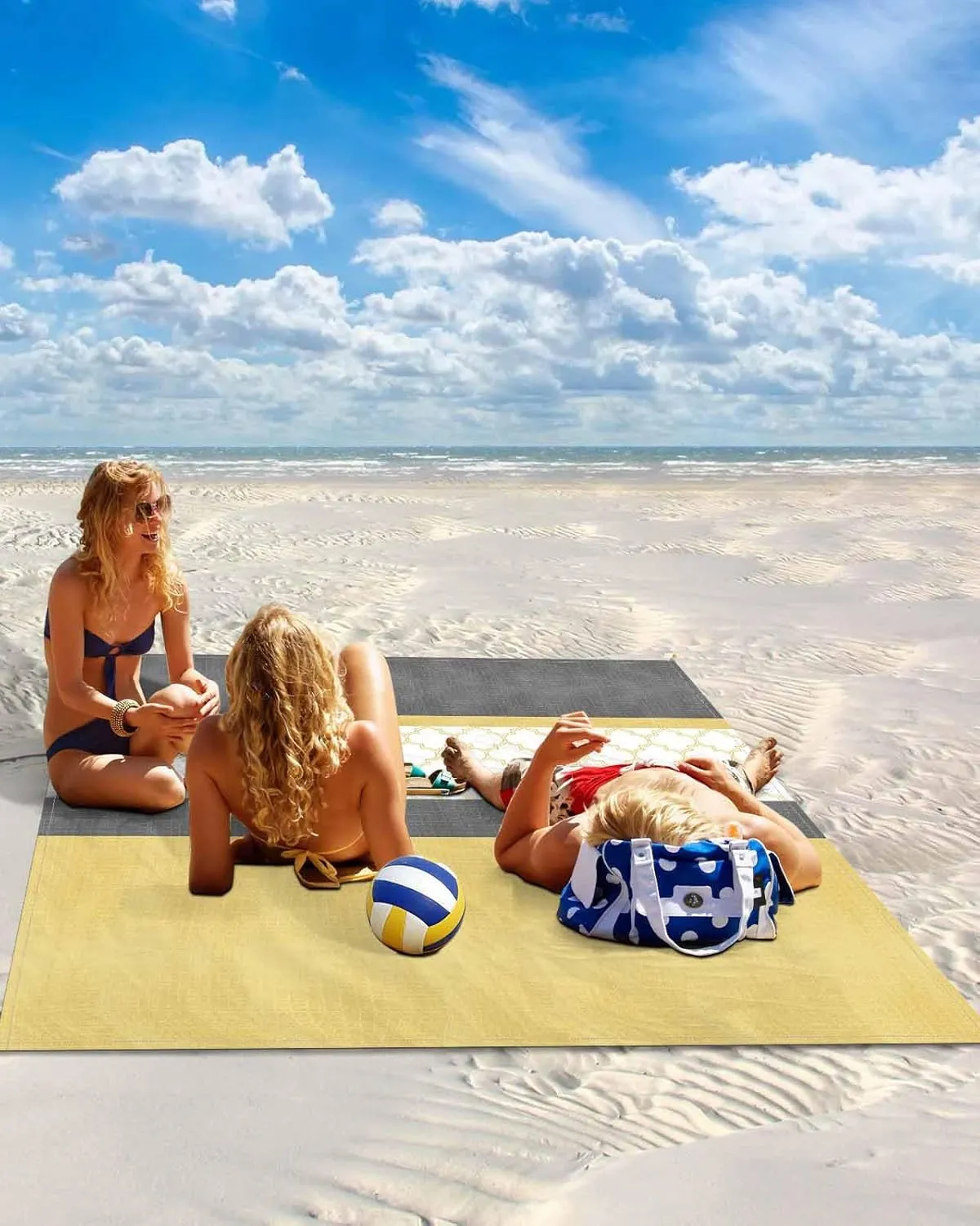 Yellow Morocco Beach Blanket Large with Stakes Waterproof Sandproof, Geometric Grey Stripes Modern Foldable Beach Mat with Corner Pockets for Outdoor Travel Camping Hiking Picnic Essentials 83"x79"