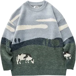 Yimoon Men Sweaters Oversized Graphic Casual Cable Knitted Jumper Pullover Cute Unisex Crewneck Retro Couple Tops