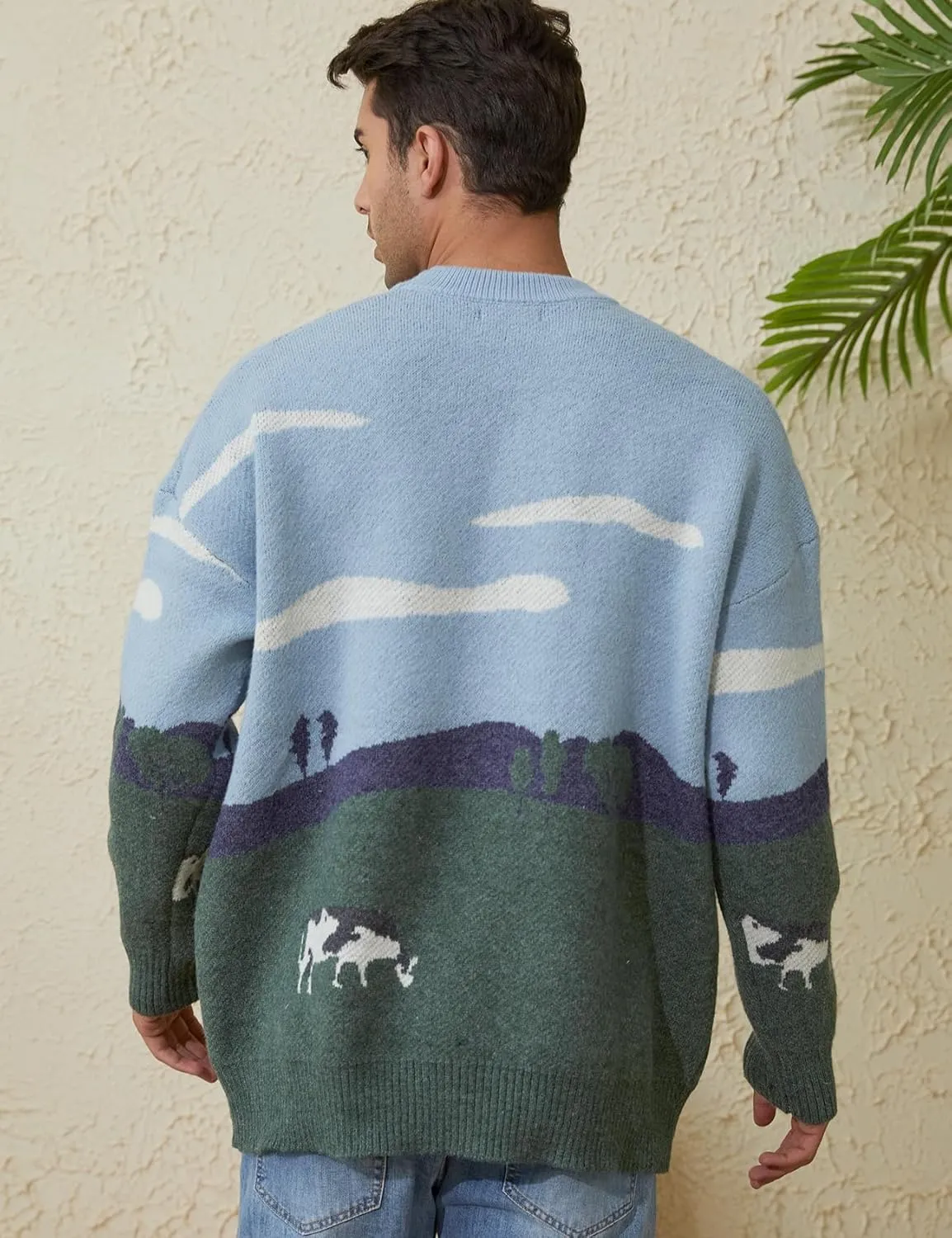 Yimoon Men Sweaters Oversized Graphic Casual Cable Knitted Jumper Pullover Cute Unisex Crewneck Retro Couple Tops