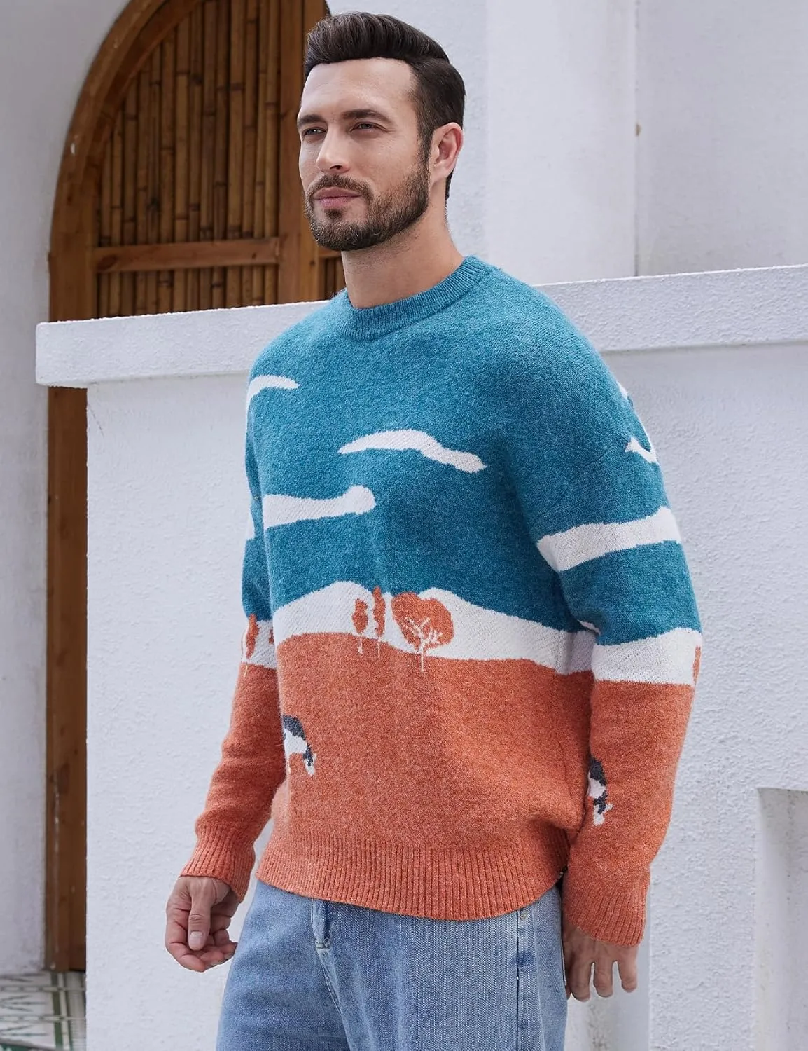 Yimoon Men Sweaters Oversized Graphic Casual Cable Knitted Jumper Pullover Cute Unisex Crewneck Retro Couple Tops