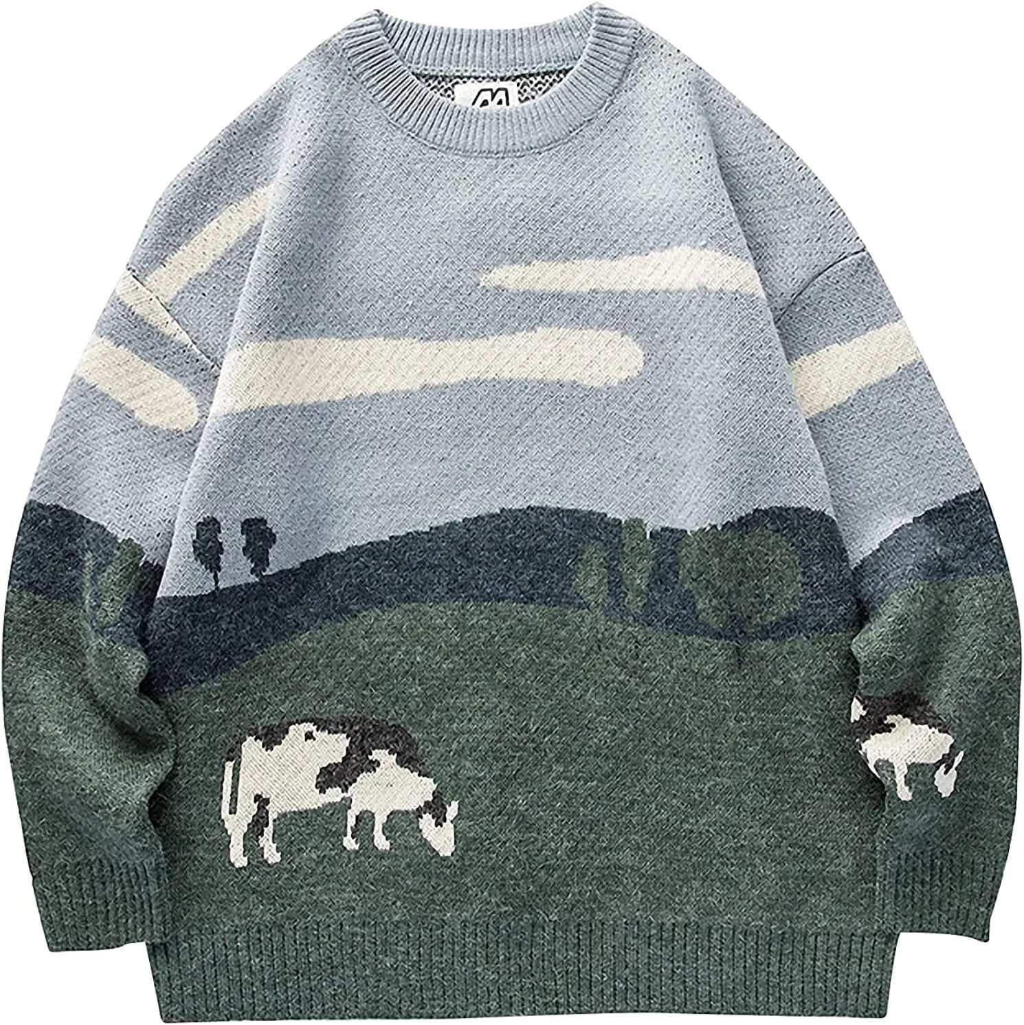Yimoon Men Sweaters Oversized Graphic Casual Cable Knitted Jumper Pullover Cute Unisex Crewneck Retro Couple Tops