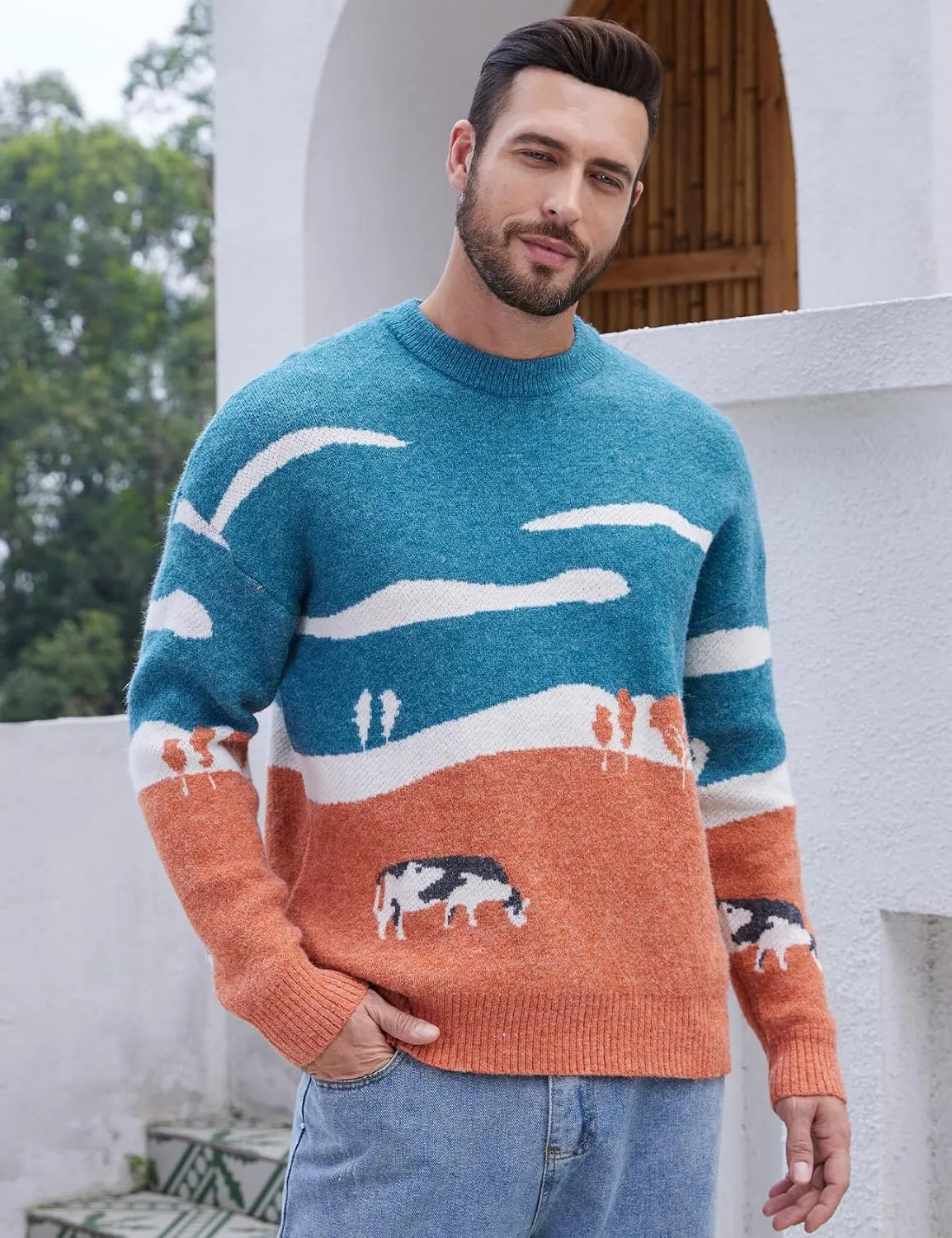 Yimoon Men Sweaters Oversized Graphic Casual Cable Knitted Jumper Pullover Cute Unisex Crewneck Retro Couple Tops