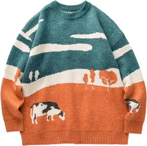 Yimoon Men Sweaters Oversized Graphic Casual Cable Knitted Jumper Pullover Cute Unisex Crewneck Retro Couple Tops