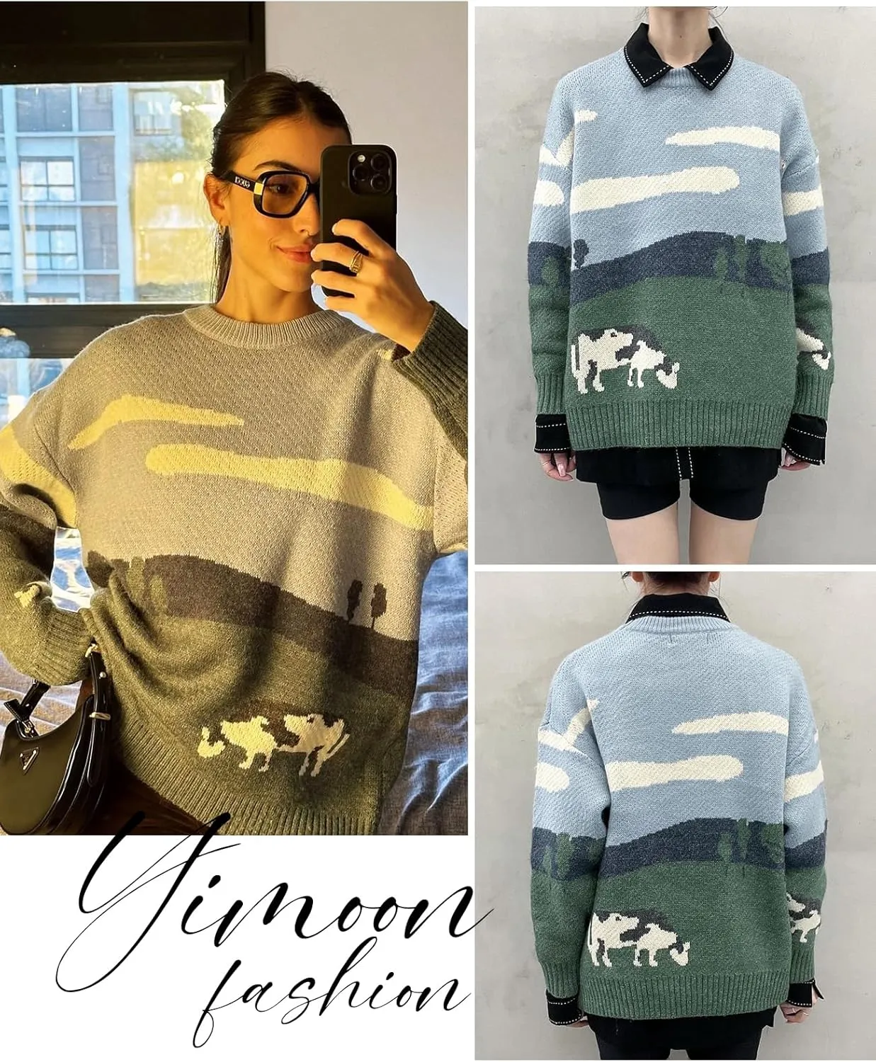 Yimoon Men Sweaters Oversized Graphic Casual Cable Knitted Jumper Pullover Cute Unisex Crewneck Retro Couple Tops