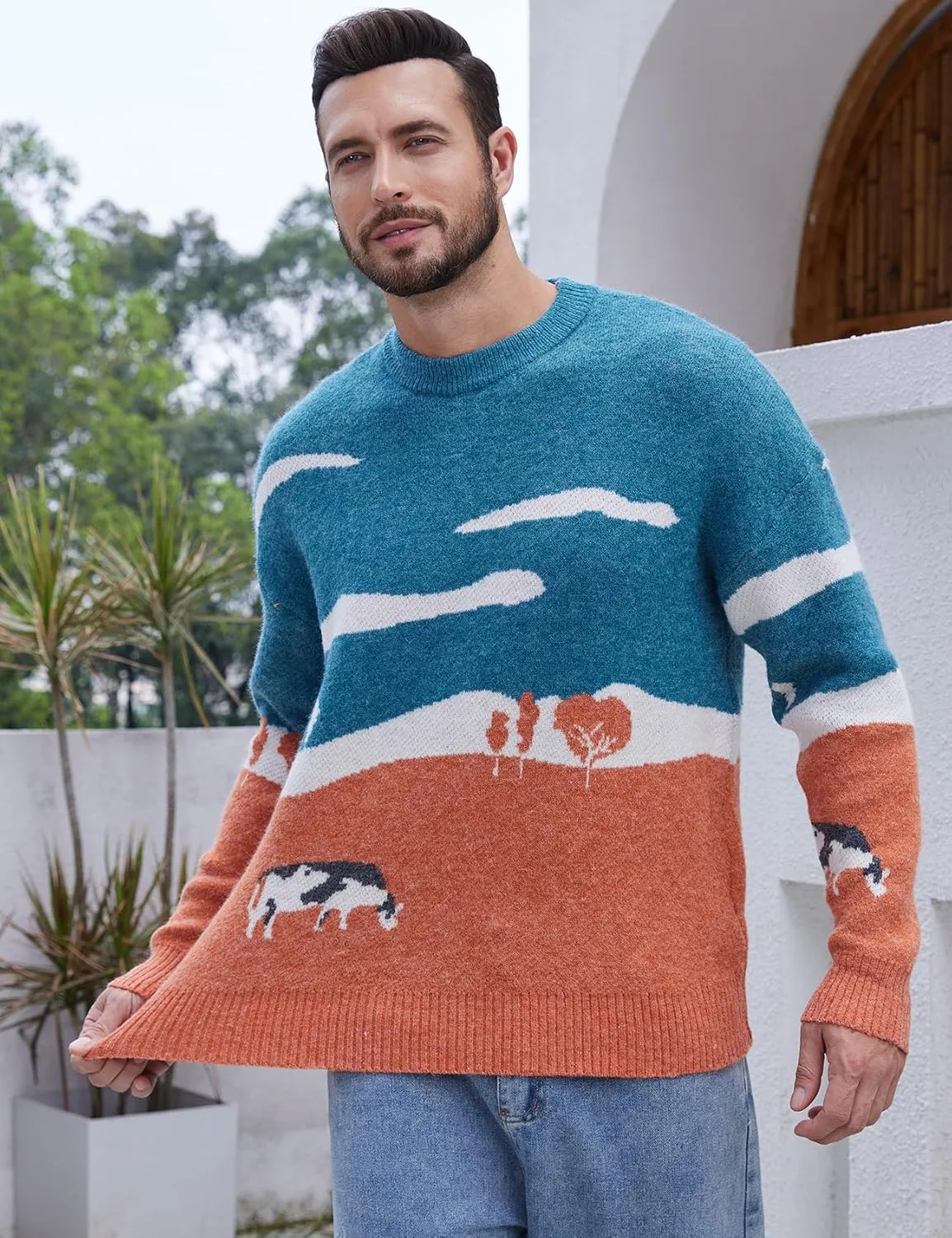 Yimoon Men Sweaters Oversized Graphic Casual Cable Knitted Jumper Pullover Cute Unisex Crewneck Retro Couple Tops