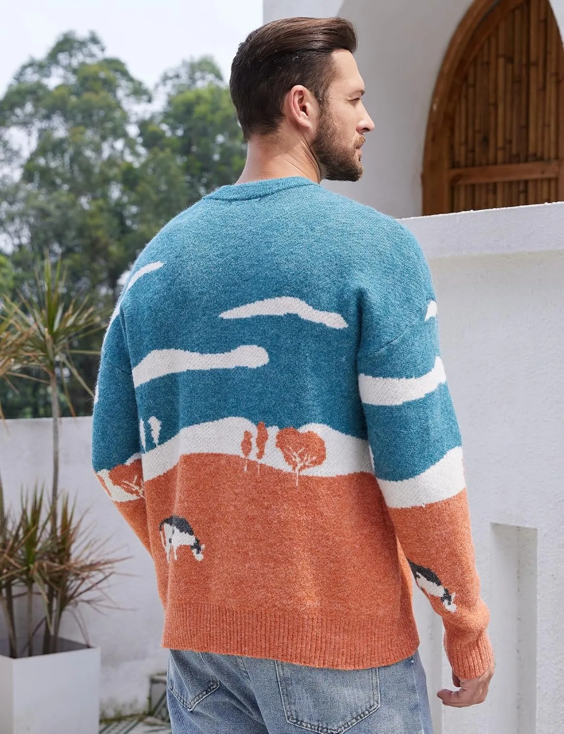 Yimoon Men Sweaters Oversized Graphic Casual Cable Knitted Jumper Pullover Cute Unisex Crewneck Retro Couple Tops
