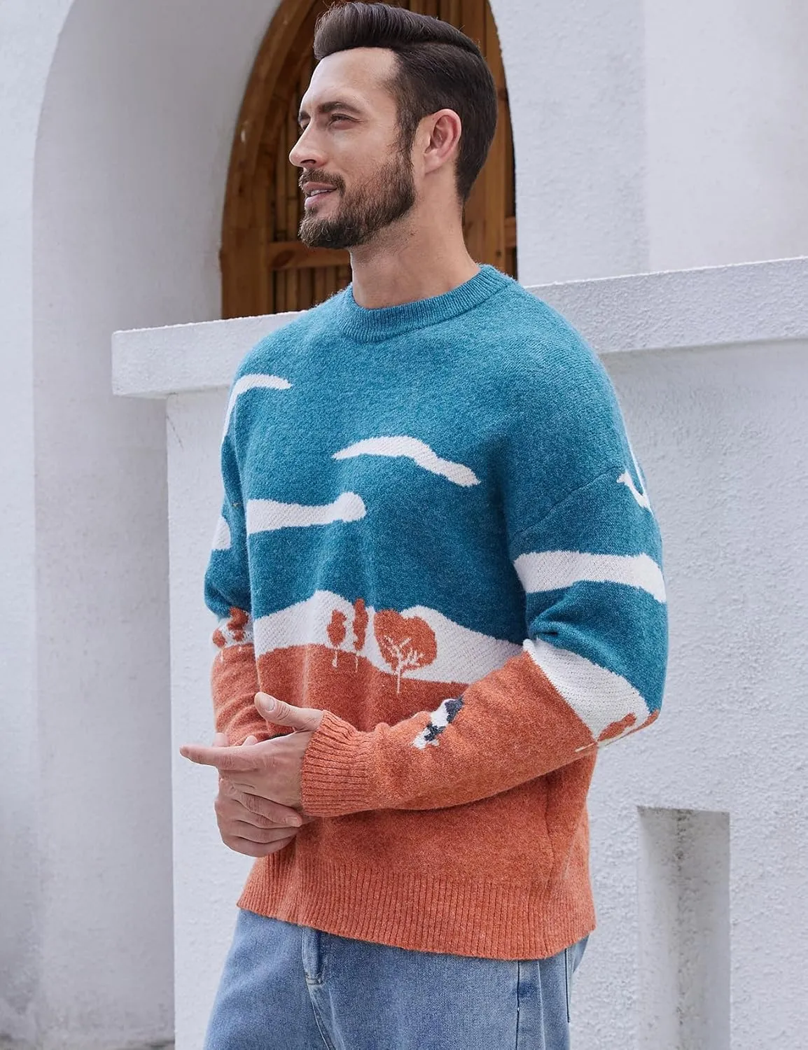 Yimoon Men Sweaters Oversized Graphic Casual Cable Knitted Jumper Pullover Cute Unisex Crewneck Retro Couple Tops
