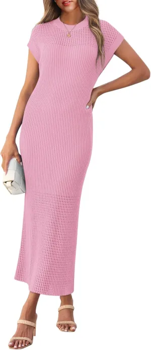 Yousify Womens Ribbed Knit Dress 2025 Trendy Casual Cap Sleeve Crewneck Maxi Dresses S-XXL