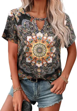 Zeagoo T Shirts Women American Flag Tops 4th of July Short Sleeve Key Hole V-Neck Country Music Tees