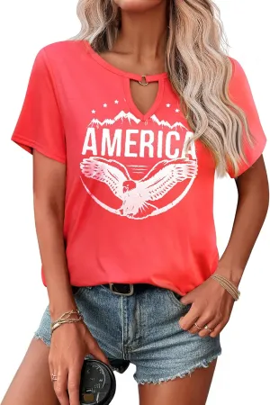Zeagoo T Shirts Women American Flag Tops 4th of July Short Sleeve Key Hole V-Neck Country Music Tees