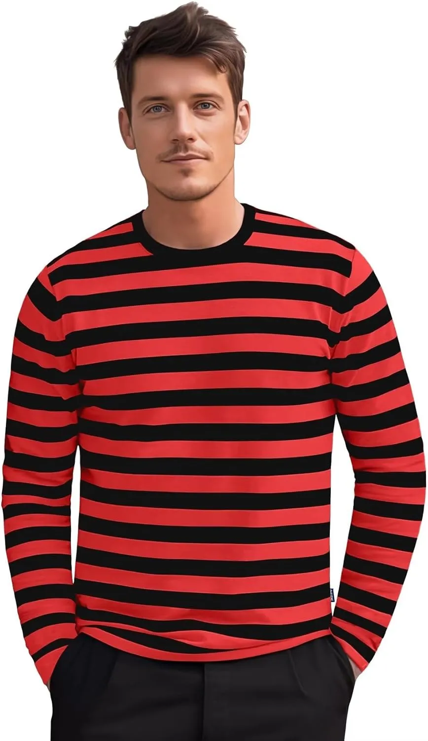 Zengjo Men's Casual Cotton Spandex Striped Crewneck Long-Sleeve T-Shirt Basic Pullover Stripe tee Shirt
