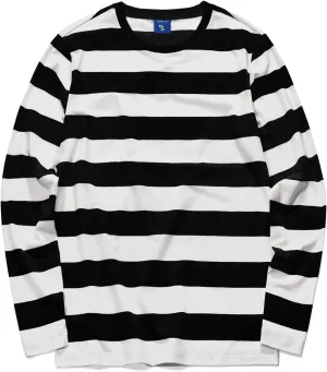Zengjo Men's Casual Cotton Spandex Striped Crewneck Long-Sleeve T-Shirt Basic Pullover Stripe tee Shirt