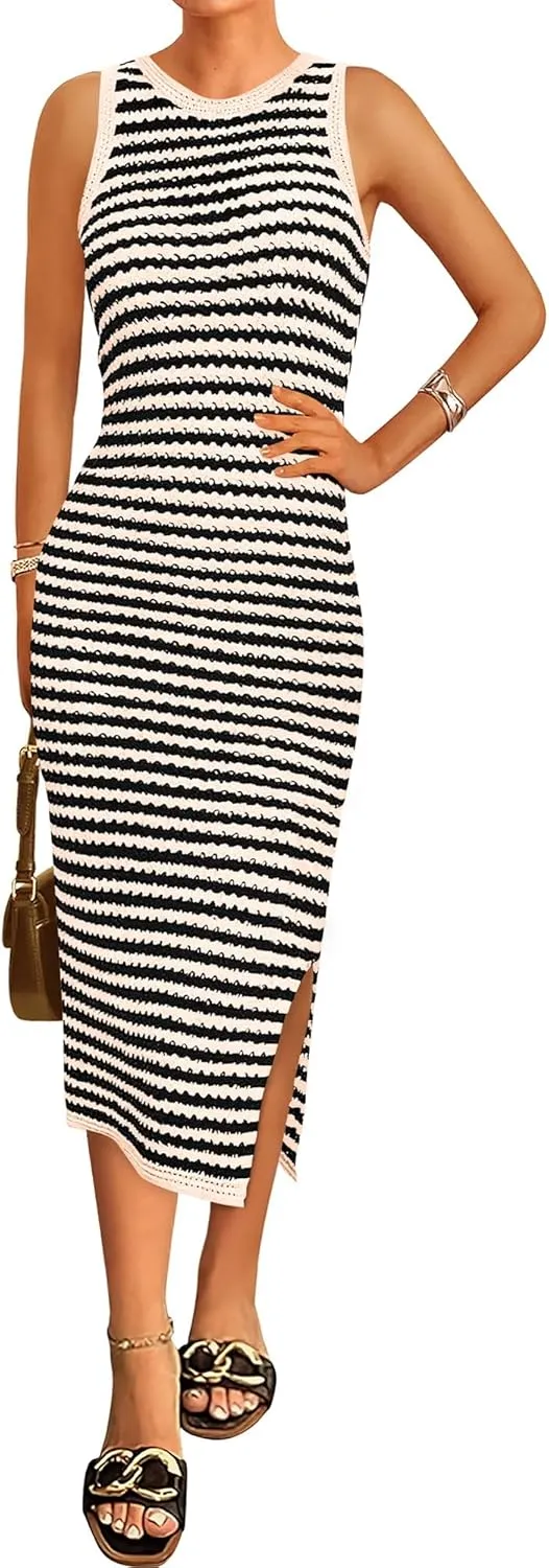 Zenlonr Women's Sleeveless Summer Dresses 2025 Casual Crochet Knit Sundress Striped Long Tank Dress Beach Slip Dress
