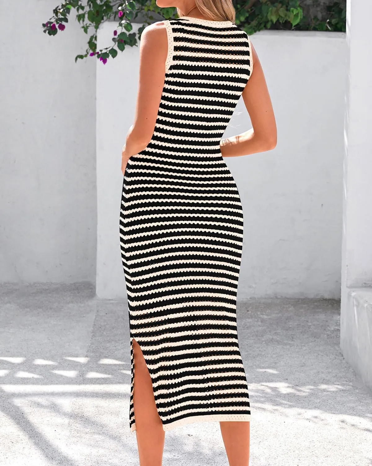 Zenlonr Women's Sleeveless Summer Dresses 2025 Casual Crochet Knit Sundress Striped Long Tank Dress Beach Slip Dress
