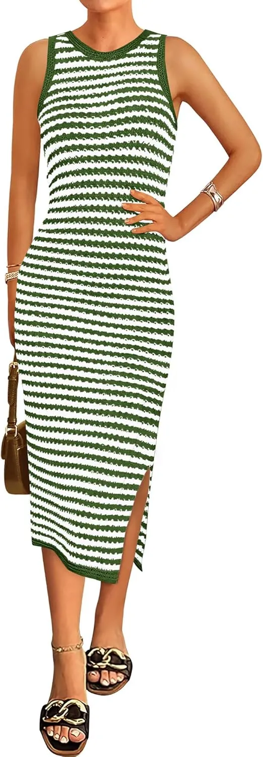 Zenlonr Women's Sleeveless Summer Dresses 2025 Casual Crochet Knit Sundress Striped Long Tank Dress Beach Slip Dress