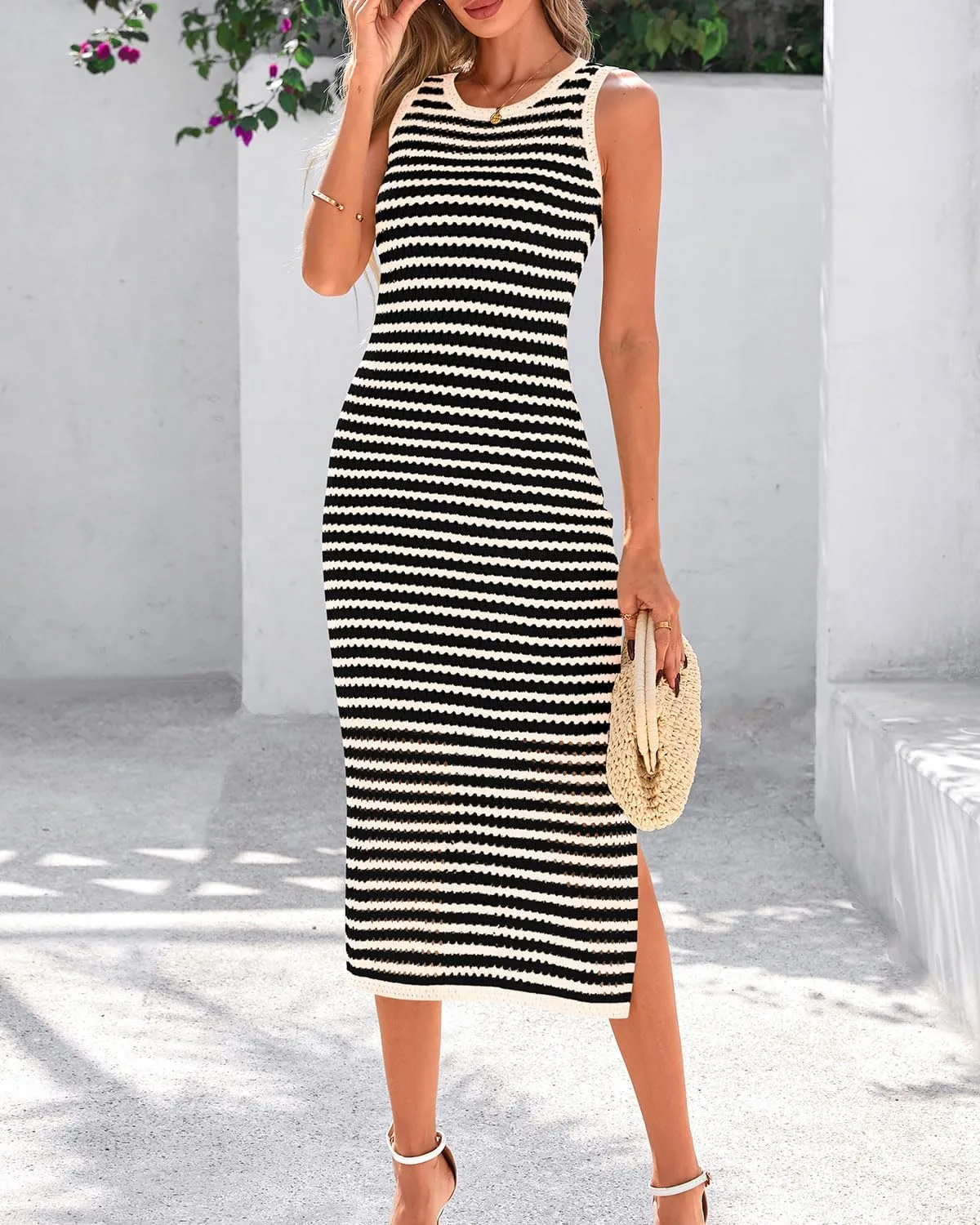 Zenlonr Women's Sleeveless Summer Dresses 2025 Casual Crochet Knit Sundress Striped Long Tank Dress Beach Slip Dress