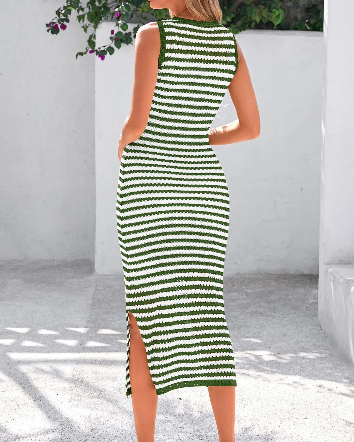 Zenlonr Women's Sleeveless Summer Dresses 2025 Casual Crochet Knit Sundress Striped Long Tank Dress Beach Slip Dress
