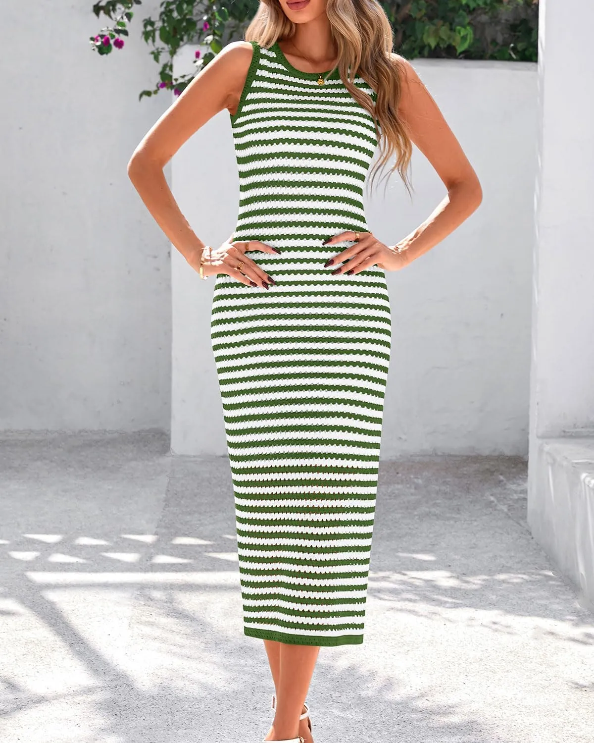 Zenlonr Women's Sleeveless Summer Dresses 2025 Casual Crochet Knit Sundress Striped Long Tank Dress Beach Slip Dress