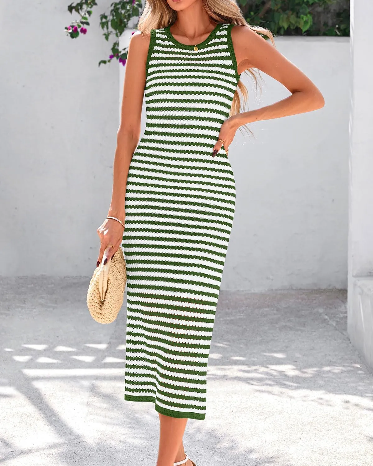 Zenlonr Women's Sleeveless Summer Dresses 2025 Casual Crochet Knit Sundress Striped Long Tank Dress Beach Slip Dress