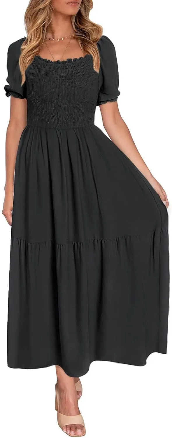 ZESICA Women's 2025 Summer Boho Floral Print Square Neck Ruffle Swing Beach Long Maxi Dress