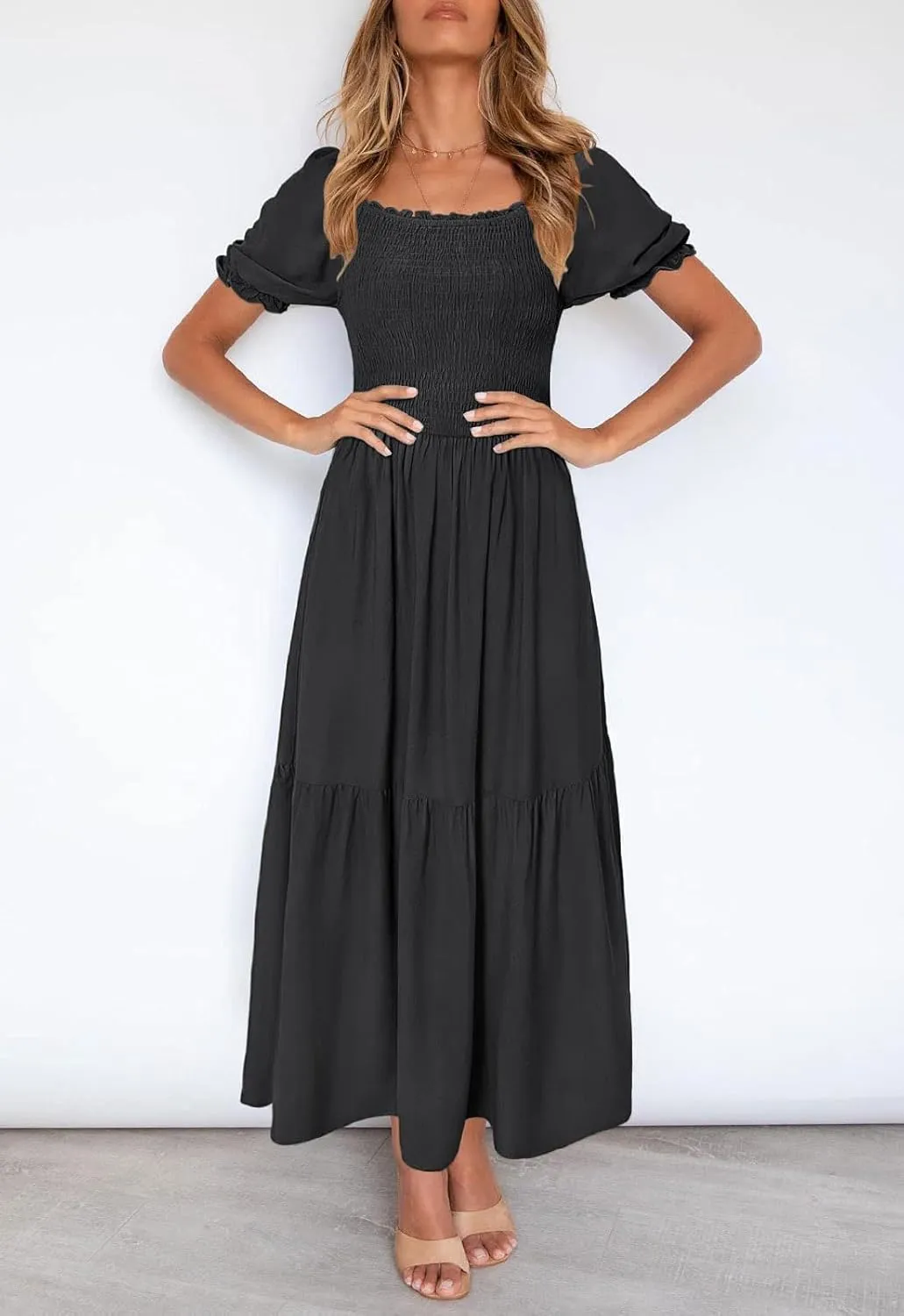 ZESICA Women's 2025 Summer Boho Floral Print Square Neck Ruffle Swing Beach Long Maxi Dress