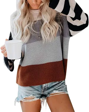 ZESICA Women's Fall Long Sleeve Crew Neck Striped Color Block Casual Loose Knitted Pullover Sweater Tops