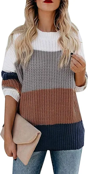 ZESICA Women's Fall Long Sleeve Crew Neck Striped Color Block Casual Loose Knitted Pullover Sweater Tops