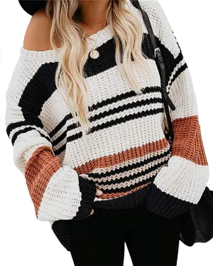 ZESICA Women's Fall Long Sleeve Crew Neck Striped Color Block Casual Loose Knitted Pullover Sweater Tops