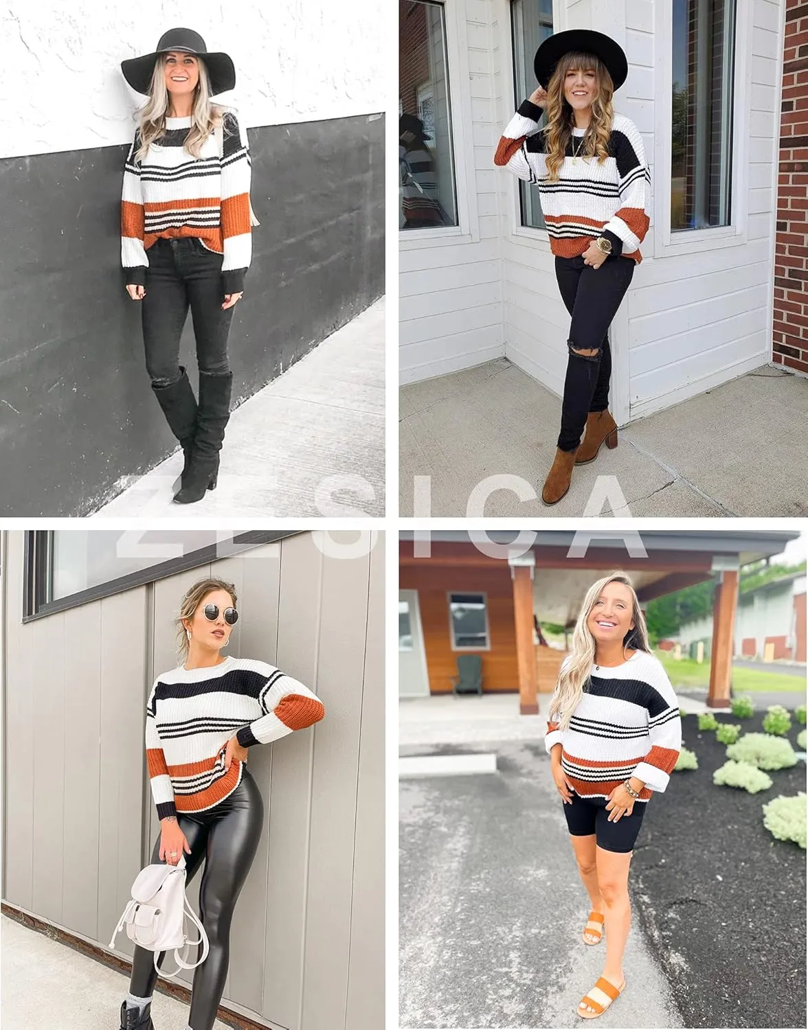 ZESICA Women's Fall Long Sleeve Crew Neck Striped Color Block Casual Loose Knitted Pullover Sweater Tops