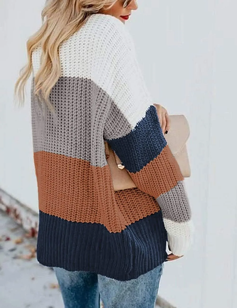 ZESICA Women's Fall Long Sleeve Crew Neck Striped Color Block Casual Loose Knitted Pullover Sweater Tops